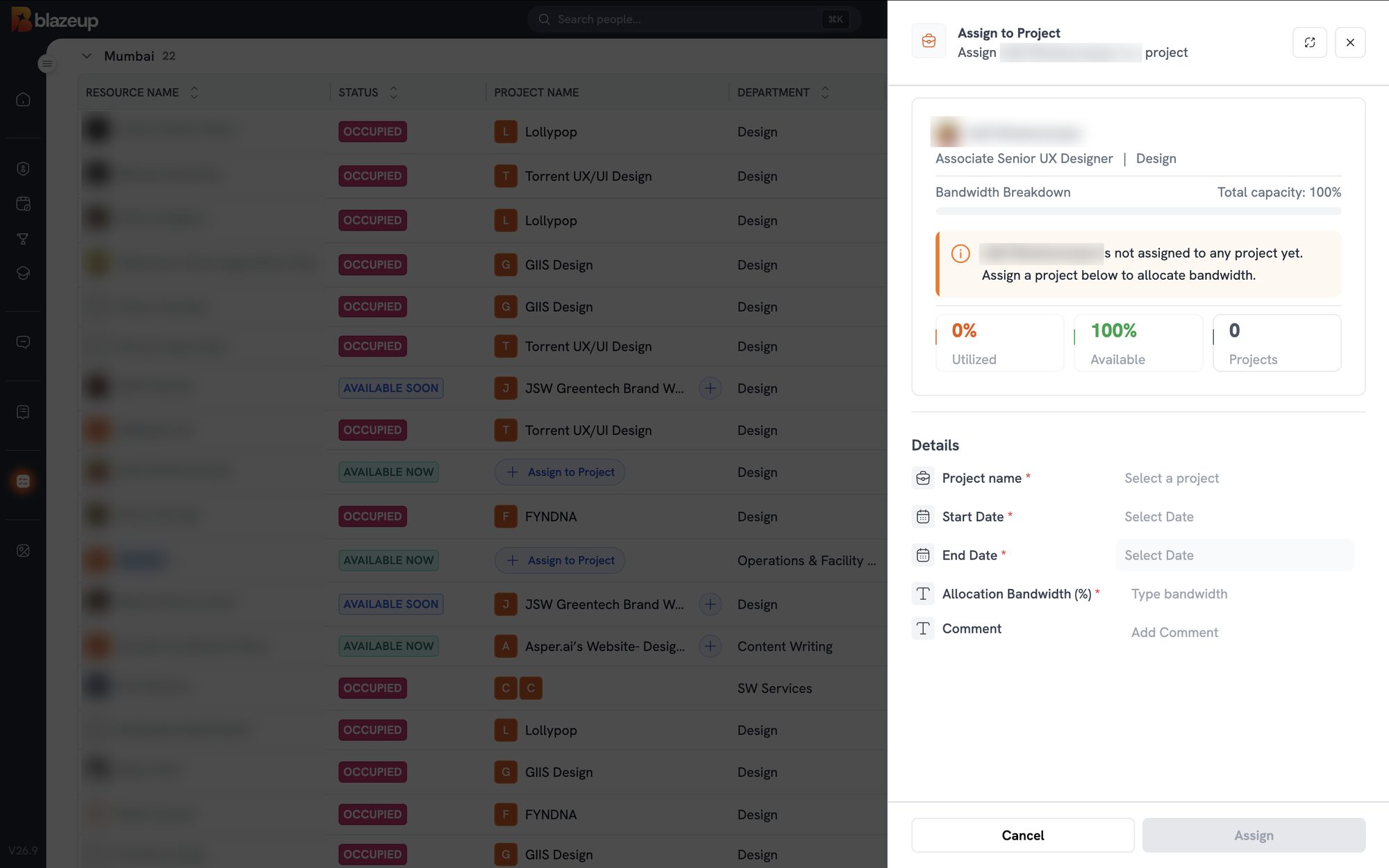 Assign to Project panel in Blazeup showing bandwidth breakdown